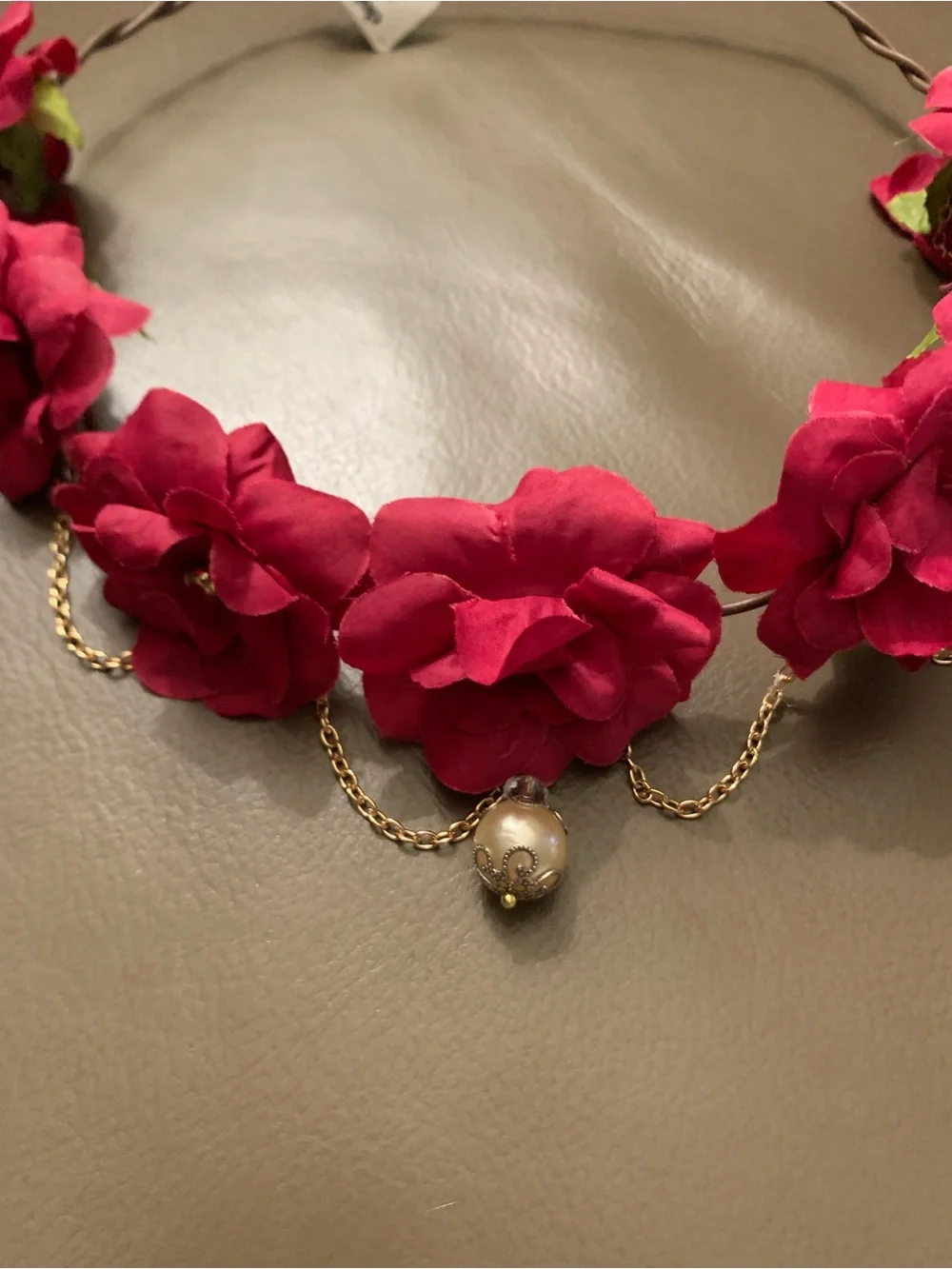 Red Flower🌹 Crown 👑Headband with Gold Chain and Pearl Accent-Adjustable/Bendable